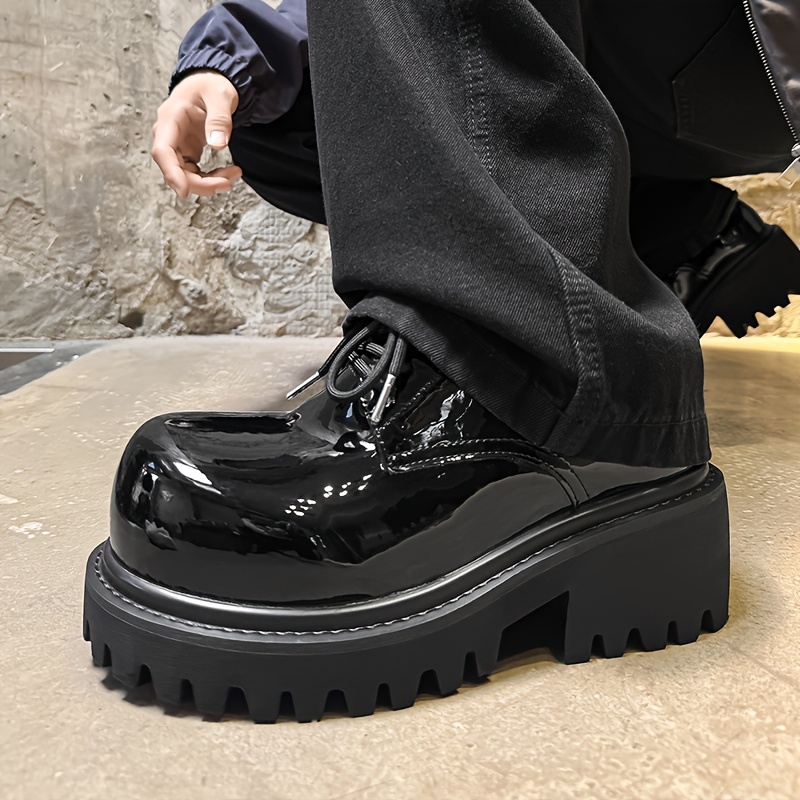 Punk Style Metal Buckle Platform Shoes, Glossy Patent Round Toe Shoes, Street Trend Dark Style Casual Shoes