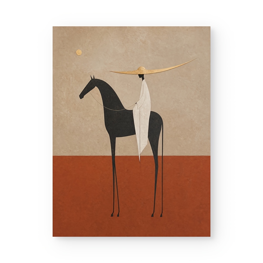 TEMU 2D Flach, Poster und Drucke Boho Neutral Leinwand Poster, Minimalistische Dünne Linie Silhouette Mann auf Schwarzem Pferd Goldenem Akzent Sonne