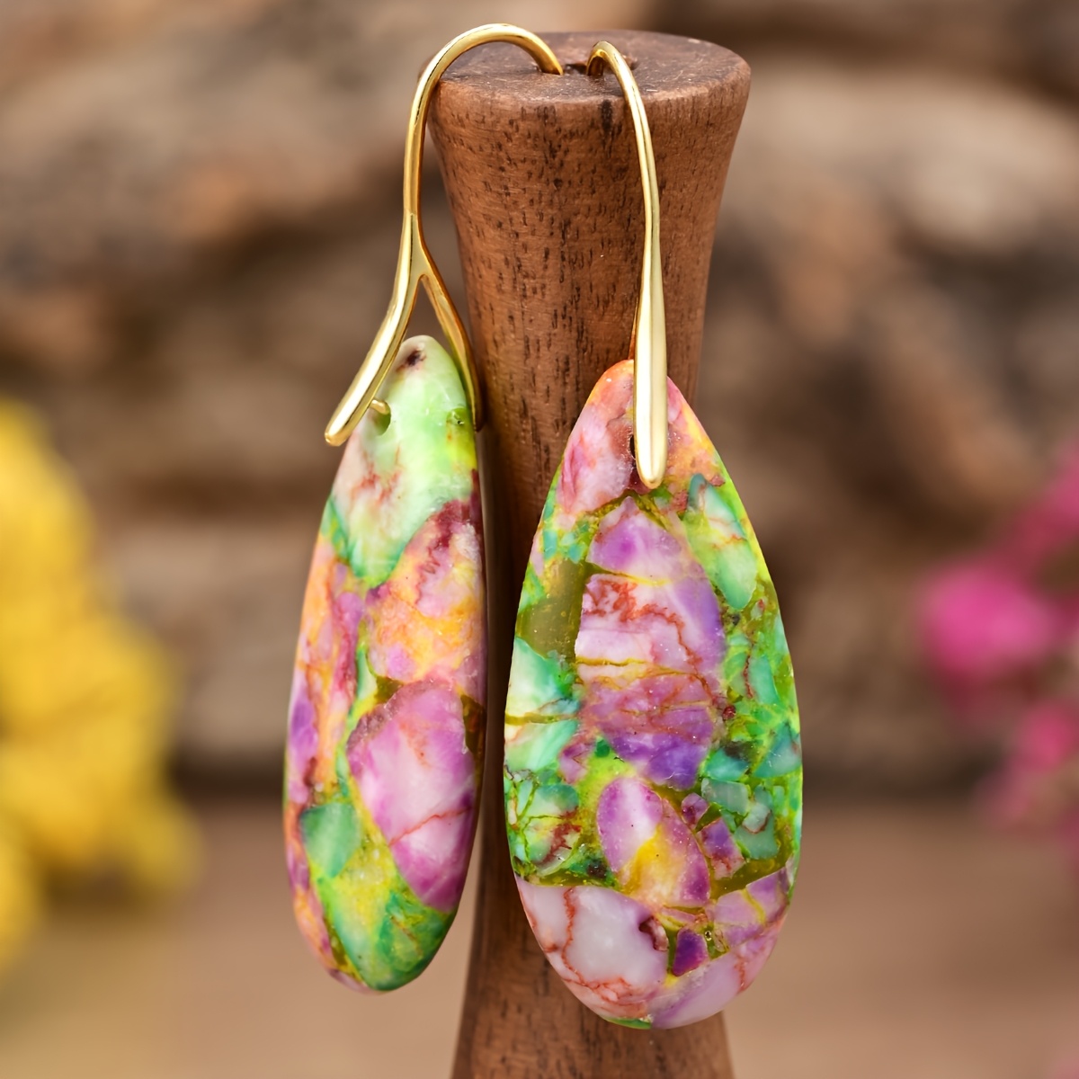 Women's Plated Bohemian Multicolor Stone Long Teardrop Earrings
