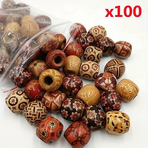 100pcs mixed wooden bead tribal pattern wood beads macrame for diy crafts jewelry making