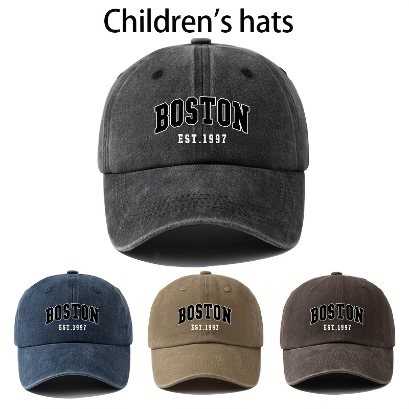 

1pc Adjustable Kids Washed Baseball Cap With Boston Print, Uv Protection Fashionable Lightweight Elastic Duckbill Hat, Suitable For Ages 6-14