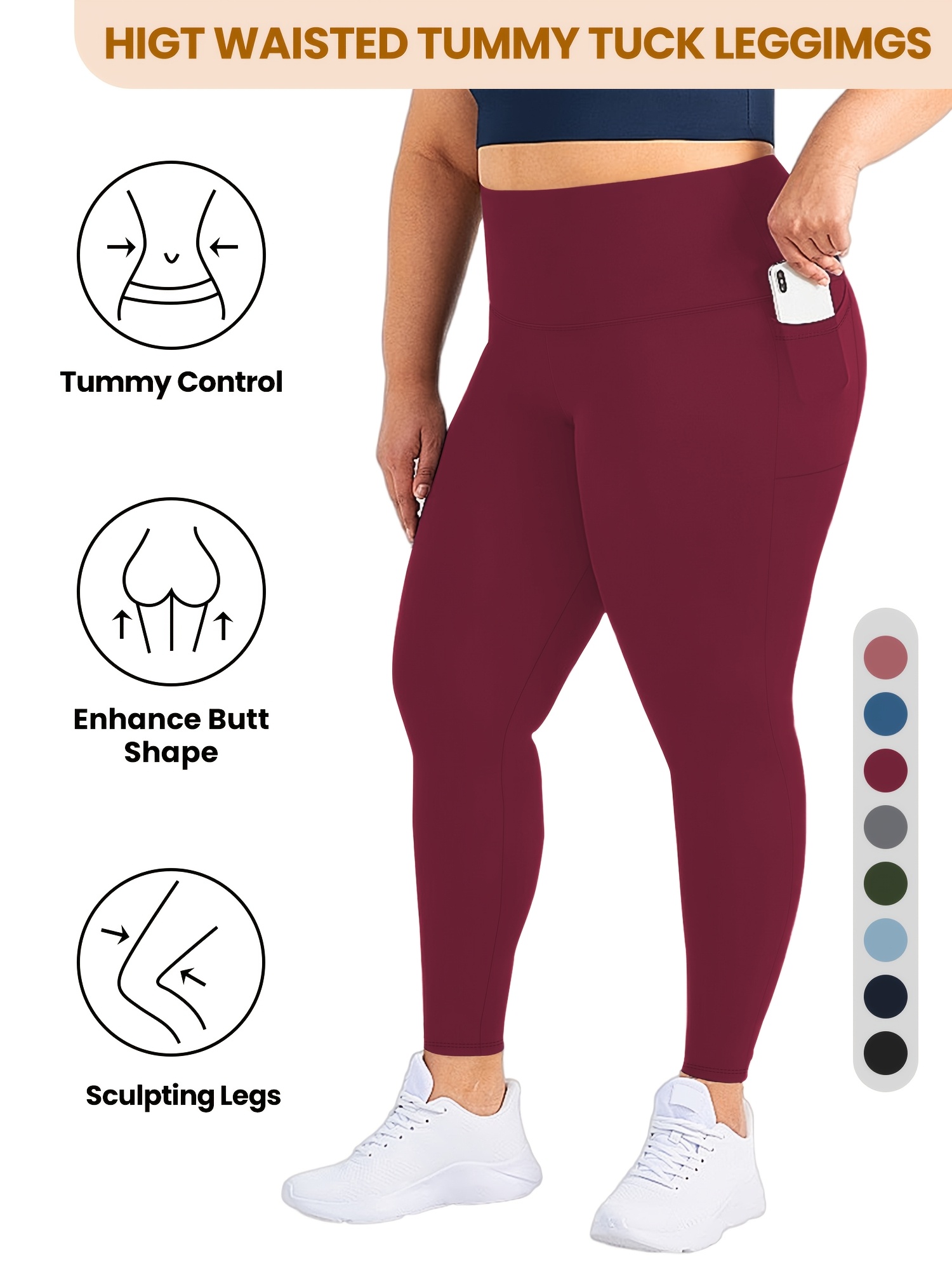 Plus Size High Waist Yoga Pants with Side Pockets - 88% Polyester 12% Elastane Stretchy Tummy Control Leggings, Sculpting Workout Gym Activewear for Women, All-Season Comfort (Machine Washable)