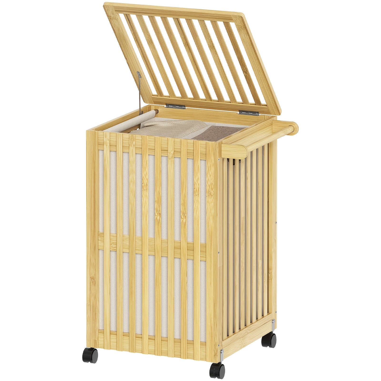 Image of Utility Carts, Bamboo Storage Trolley, 85l Bamboo Laundry Basket With Lid, Equipped With Handle And Wheels, With Detachable Laundry Bag, Suitable For Bedrooms, Bathrooms And Laundry Rooms