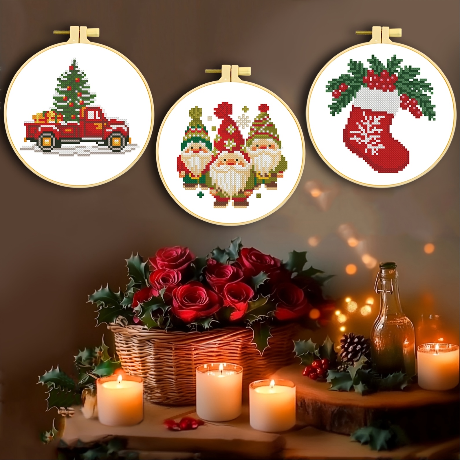 

Kits de broderie au point de croix sur le thème de Noël, tissu pré-imprimé 11CT, fil 3 pour débutants, décoration murale artisanale pour la des fêtes.