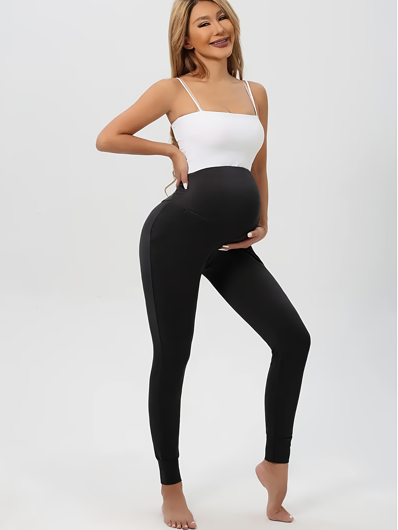 Women's High-Waisted Maternity Leggings with Tummy Control & Belly Button Access - Full-Length Stretchy Yoga Pants with Pockets, Snug Fit for Pregnancy, All-Season Comfort, Machine Washable (Casual & Athletic Wear)