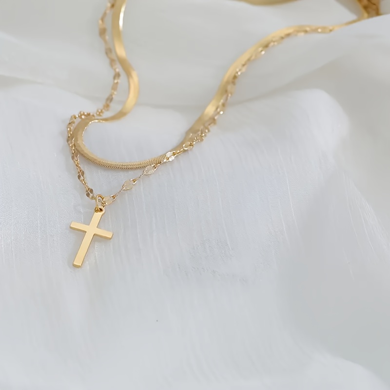 Image of A European And American Women's Elegant And Sexy Stainless Steel Cross Pendant Double-layer Necklace, Niche Retro Golden Layered Necklace Suitable For Daily And Vacation Jewelry, Additions