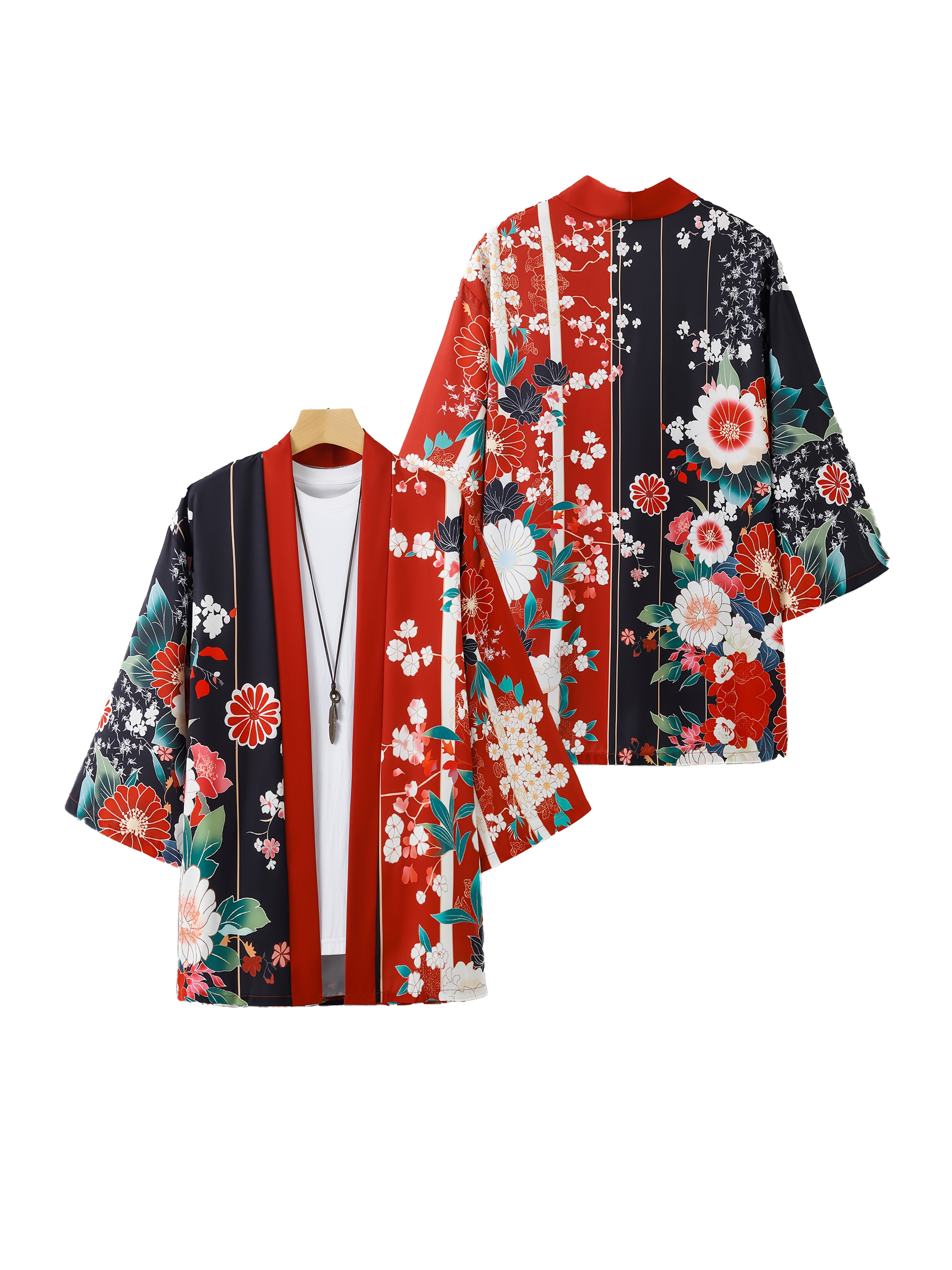 item picture mens loose kimono style shirt with colorful floral prints 3 4 sleeves made of lightweight polyester   machine washable   summer   opening kimono chinese size please check the size guide  