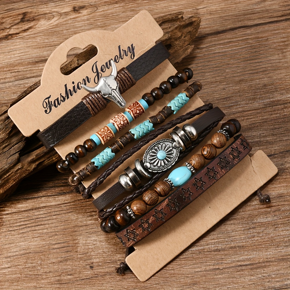 24pcs Boho Beaded Cow's Head Feather Charm Bracelet Set