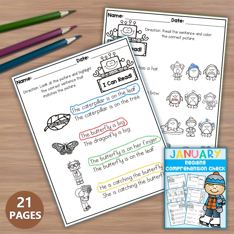 

21-page Reading Workbook For - Activities With Matching & Coloring, Blue - Ideal For Kindergarten, Homeschool & Classroom Use, -themed, Worksheets, Fun Activities