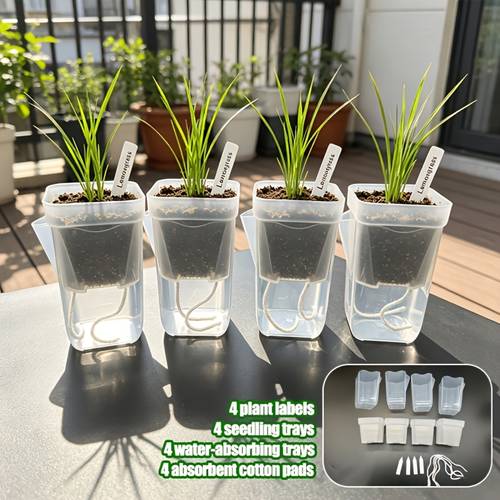 4 set self watering planter kit 4 clear pots with water level indicator 4 measuring cups 4 wicks 4 labels v shaped fill spout ideal for succulents air plants indoor windowsills outdoor patios reduces watering