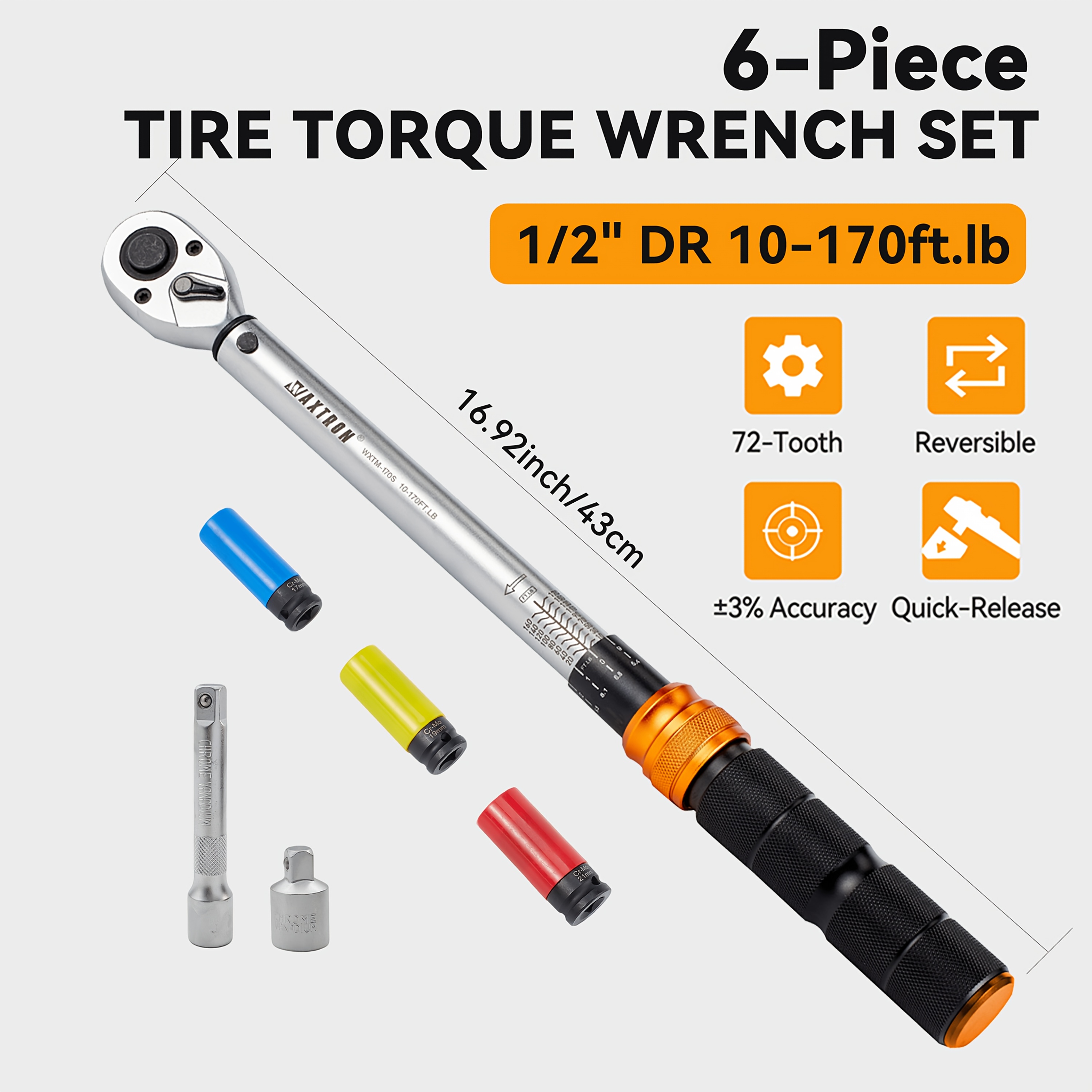 1/2'' Torque Wrench 6pcs 20-220n.m Tire Torque Wrench Adjustable 72 Tooth Click Hand Tools For Car Hot