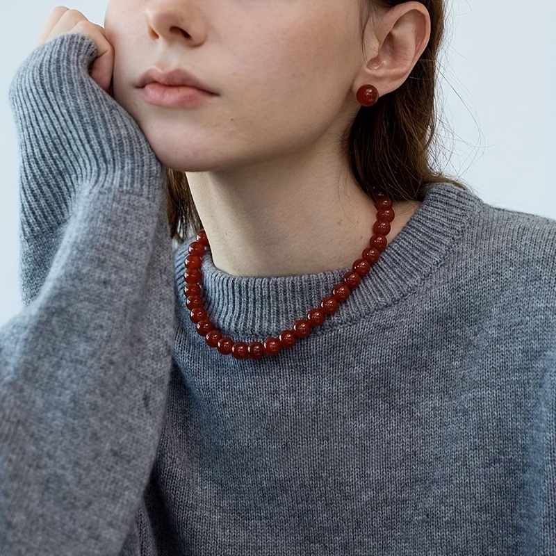 2pcs Natural Red Agate Stone Necklace and Stud Earrings Set