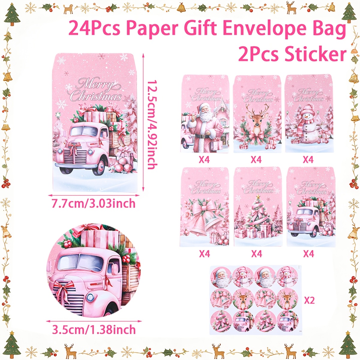 Image of 24pcs Paper Gift Envelope Bags And 2pcs Stickers, Gift Bags, Christmas Pink White Bell Pattern Gift Packing Bags, Xmas Table Decorations, Christmas Party Supplies, Christmas Table Decorations