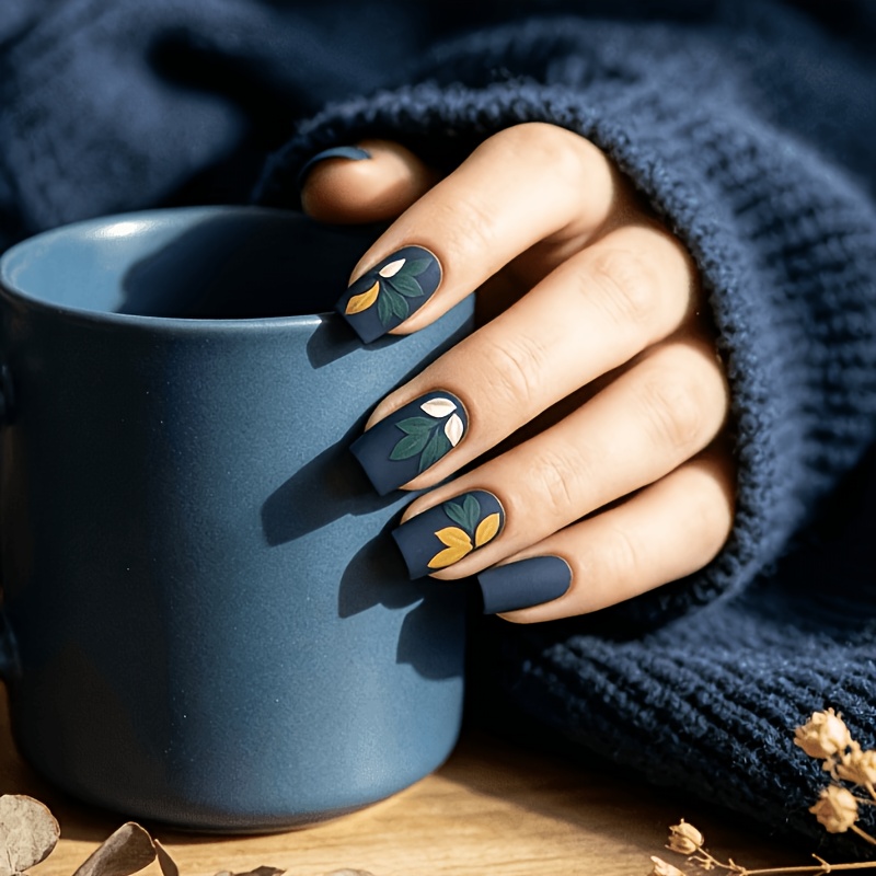 TEMU 24pcs Matte Navy Blue & Yellow--on Nails Suitable For Hands/feet, Square Medium-length Leaf Tip Fake Nails With Hand-painted Autumn Winter,