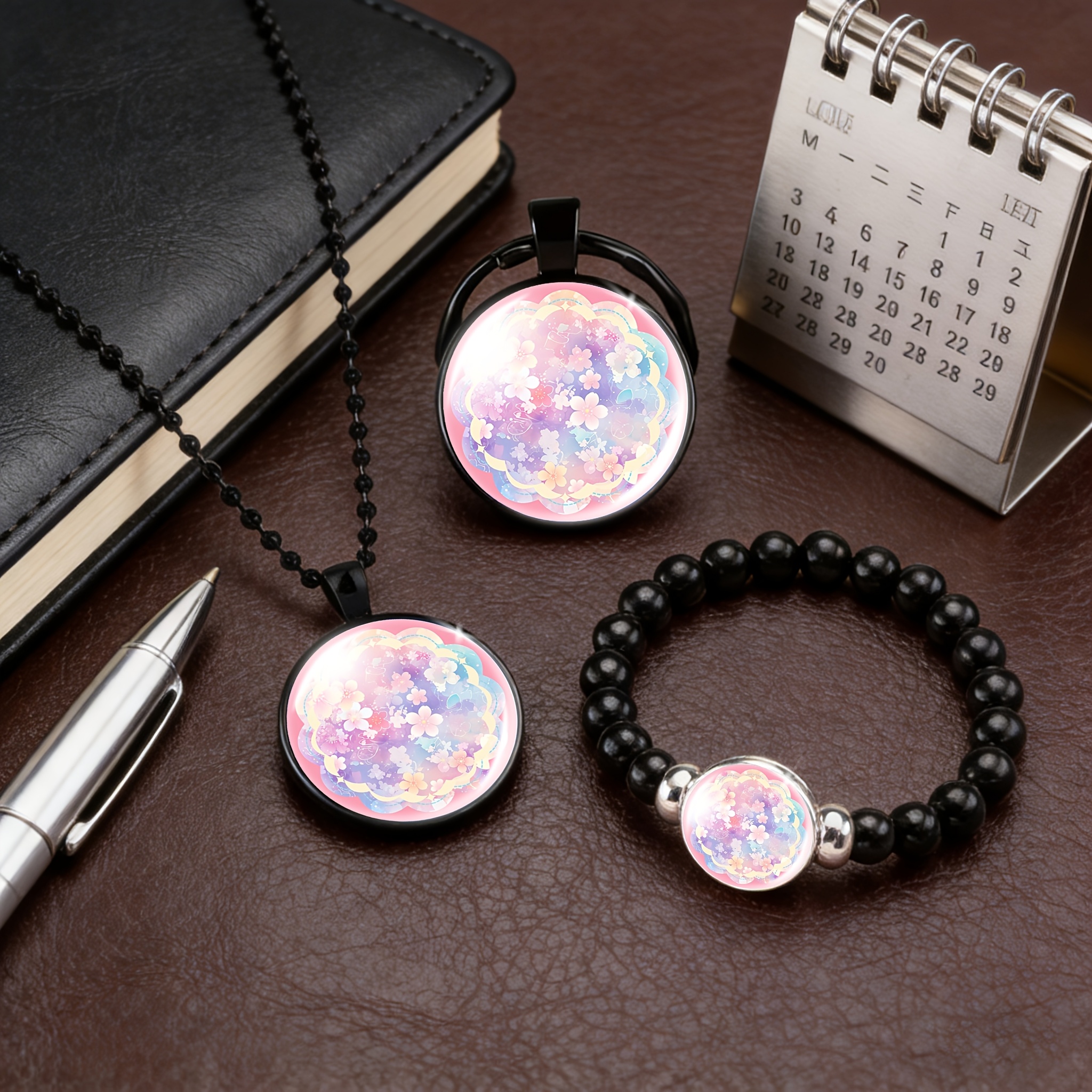 3pcs Set Necklace, Bracelet, Keychain with Round Glass Inlaid Pattern