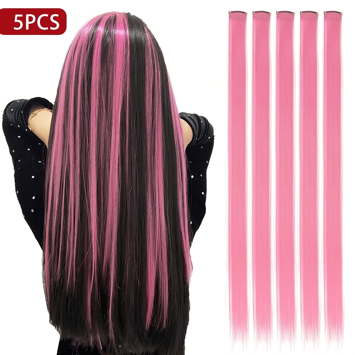 TEMU 5pcs Wine Red Clip-in Extensions | 20-inch Straight Synthetic Hair, Perfect For Halloween, Fashion Parties, Christmas, New Year's, And More -