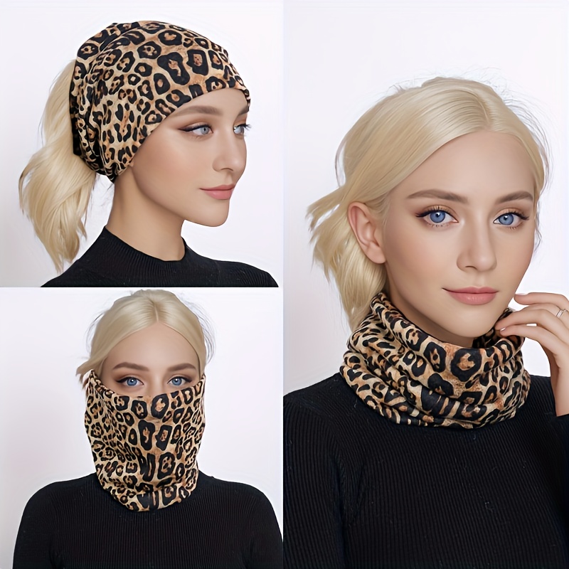 

Women' Leopard Print Stretchy Skullies & Beanies - Lightweight Polyester Knit Fabric Pull-on Cap For Fall/winter, Neck Gaiter And Hairband, Hand Wash Only