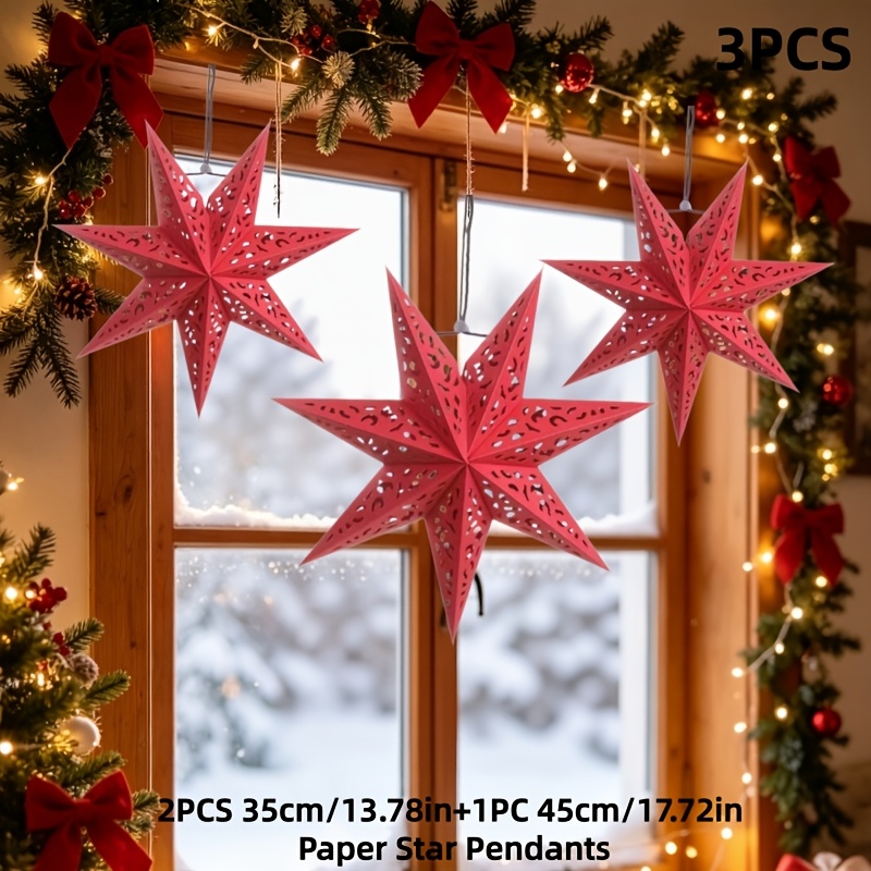 TEMU 3pcs Elegant Hollow -pointed Star Pendant Lampshade Decorations - Teardrop Paper Hanging Ornaments Suitable For Christmas, New Year's, For, For