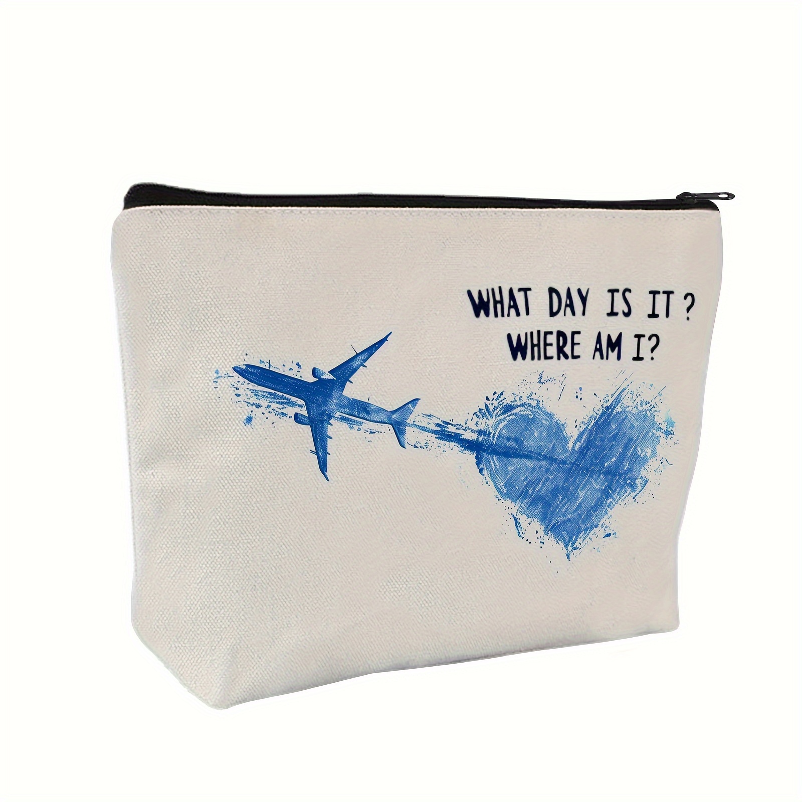 

1 Pc Canvas Makeup Bag With Airplane & Heart Design - Non-waterproof Unscented Cosmetic Pouch For Women, Ideal Gift For Pilots, Flight Attendants, Travelers - Birthday, Christmas, Mother's Day Present