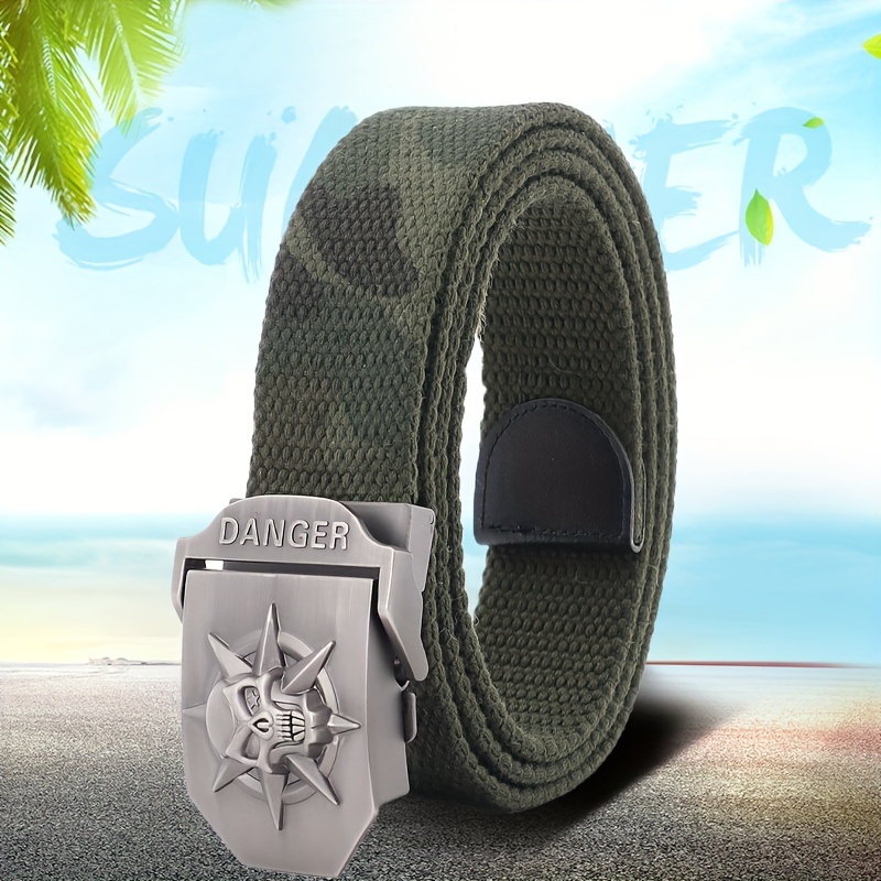 Mens Skull Emblem Canvas Belt with Automatic Buckle