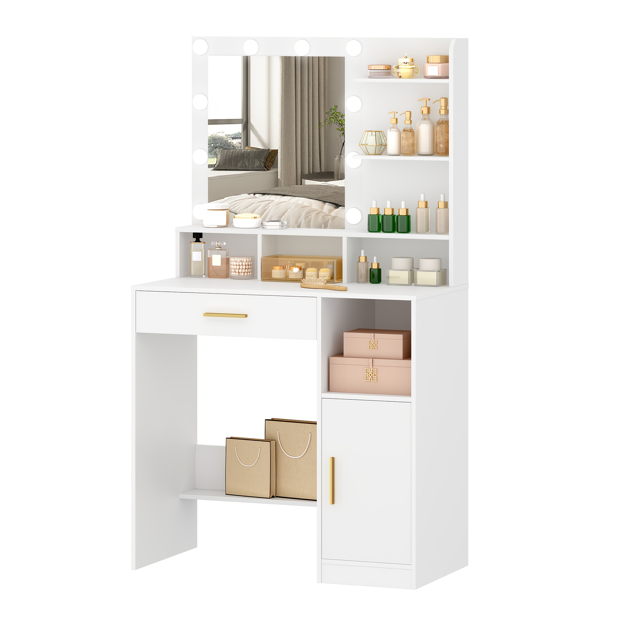 E-shop Schminktisch mit Spiegel 10 LED-Lichtern, Schminktisch mit 3 Regalen & 4 offenen Fächern, Schminktisch mit großer Schublade & Schrank, 3