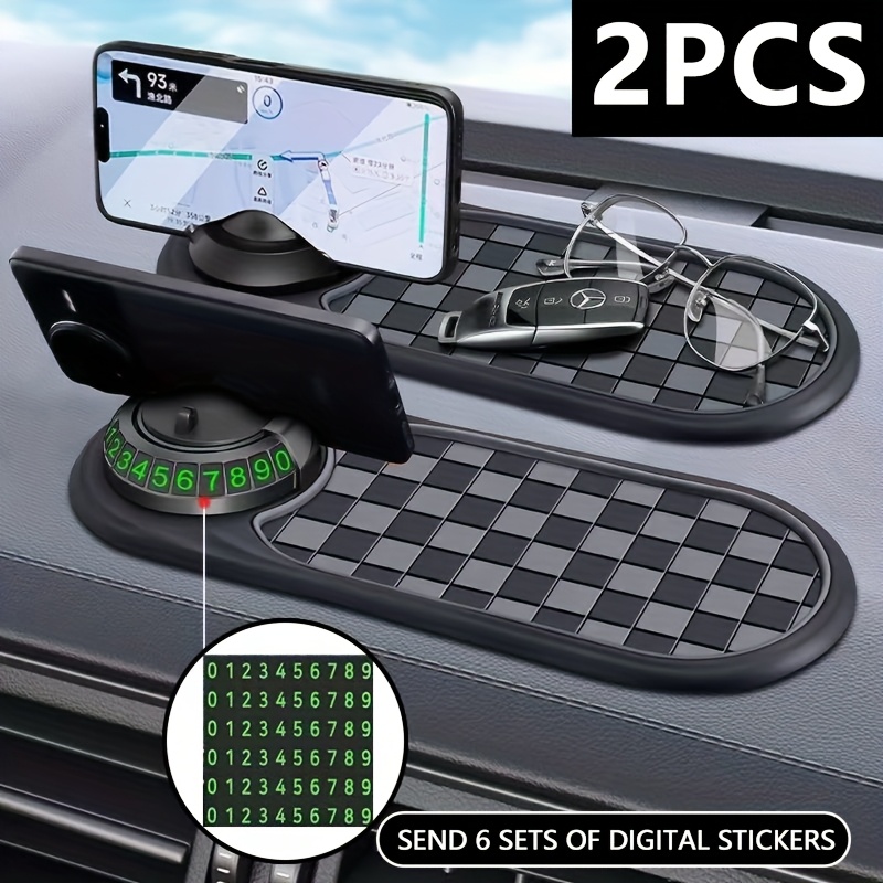 TEMU 2pcs Car Anti-slip Mat Car Mobile Phone Bracket Dashboard Decoration Phone Rotating Bracket High Temperature Durable High-end Checkered Creative
