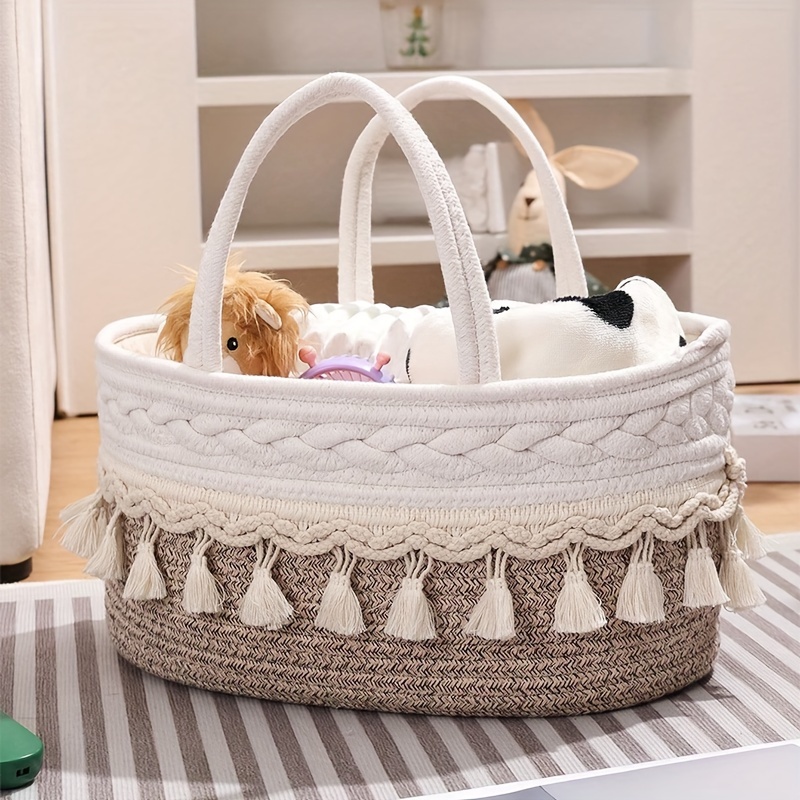 TEMU : Room Storage Basket - Rope Woven Flowing Fringe Handheld Basket, Divided Clothing Storage Basket, Large Capacity Diapers And Bottles Storage