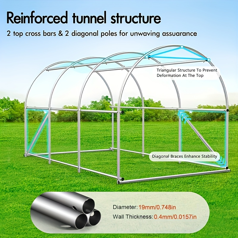 304.8X213.36X213.36cm Walk-In Greenhouse Tunnel - Large Pass-Through Garden Greenhouse | Green Cover Outdoor Heavy-Duty Greenhouse Frame | Roll-Up Zipper Door + Ventilation Windows Sloped Structure | Garden Plant Hothouse Commercial Greenhouse Outdoor Planting H