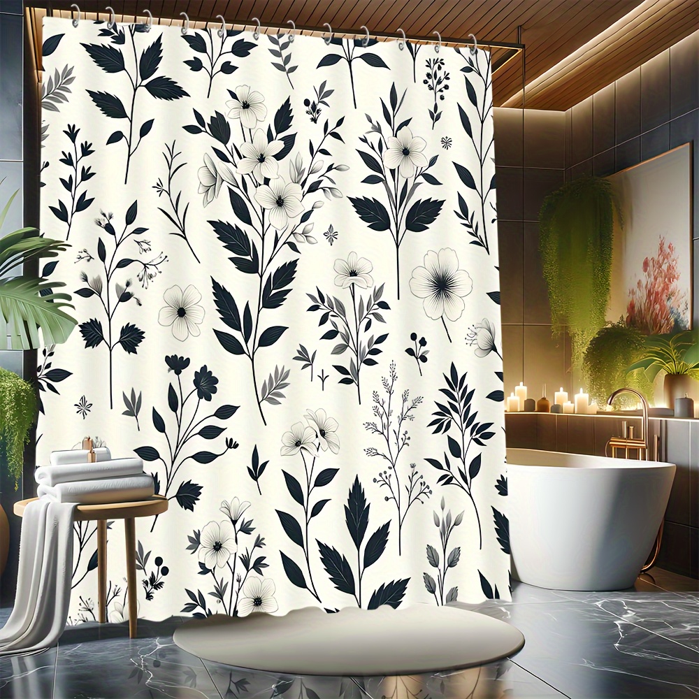 

1pc Minimalist Floral Pattern Shower Curtain With Hooks, Mildewproof Waterproof Bathroom Partition Curtain, Bathroom Accessories, Home Decor