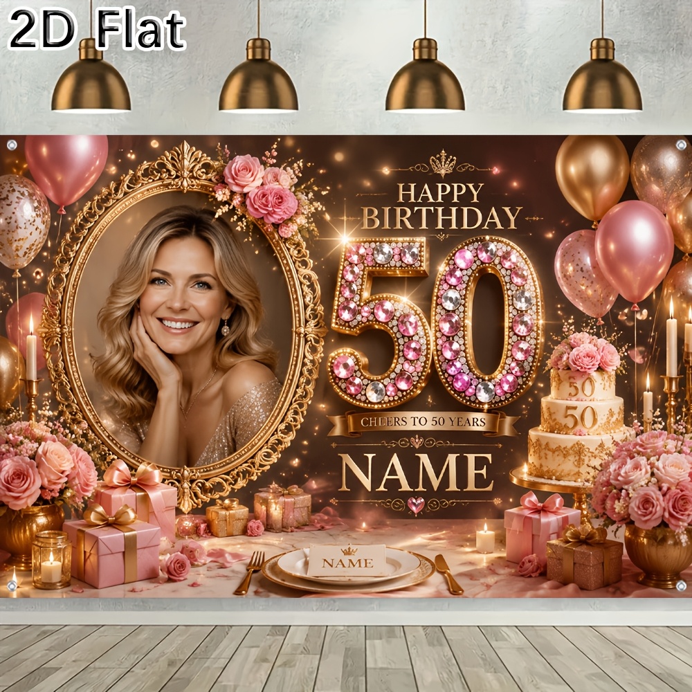 TEMU 2d Flat - [2d Flat] 1pc Party Banner Custom Photo Name Happy 50th Birthday Cheer To 50 Years Shiny Rose Balloon Cake Themed Photography Backdrop