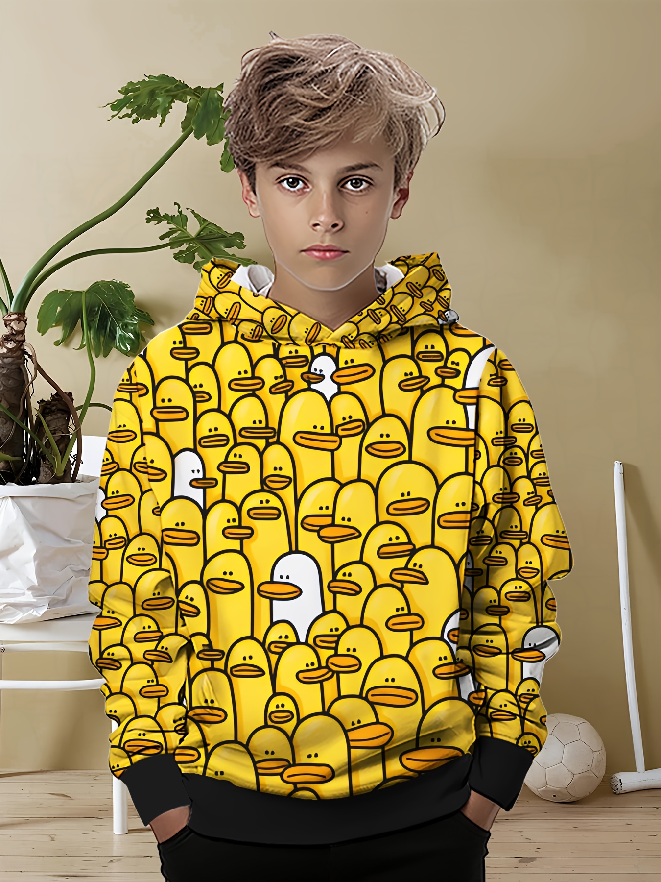 1pc Boys' Fashionable Yellow Duck Print Hoodie, Casual Long Sleeve Pullover  with Hood Design Sweatshirt, Polyester Knit Fabric with Stretch,