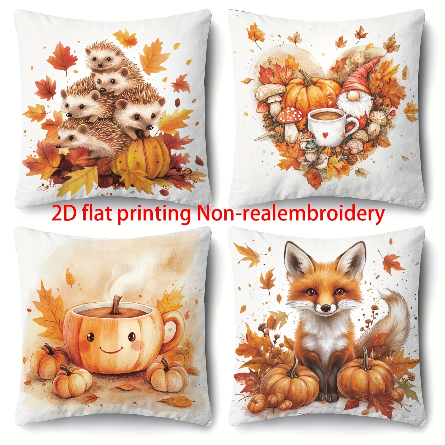 TEMU 4pcs, Autumn Thanksgiving Pillow Covers - Rustic Farmhouse Decor, Pumpkin, Fox And Hedgehog Patterns - Polyester, Zipper Closure - Perfect For