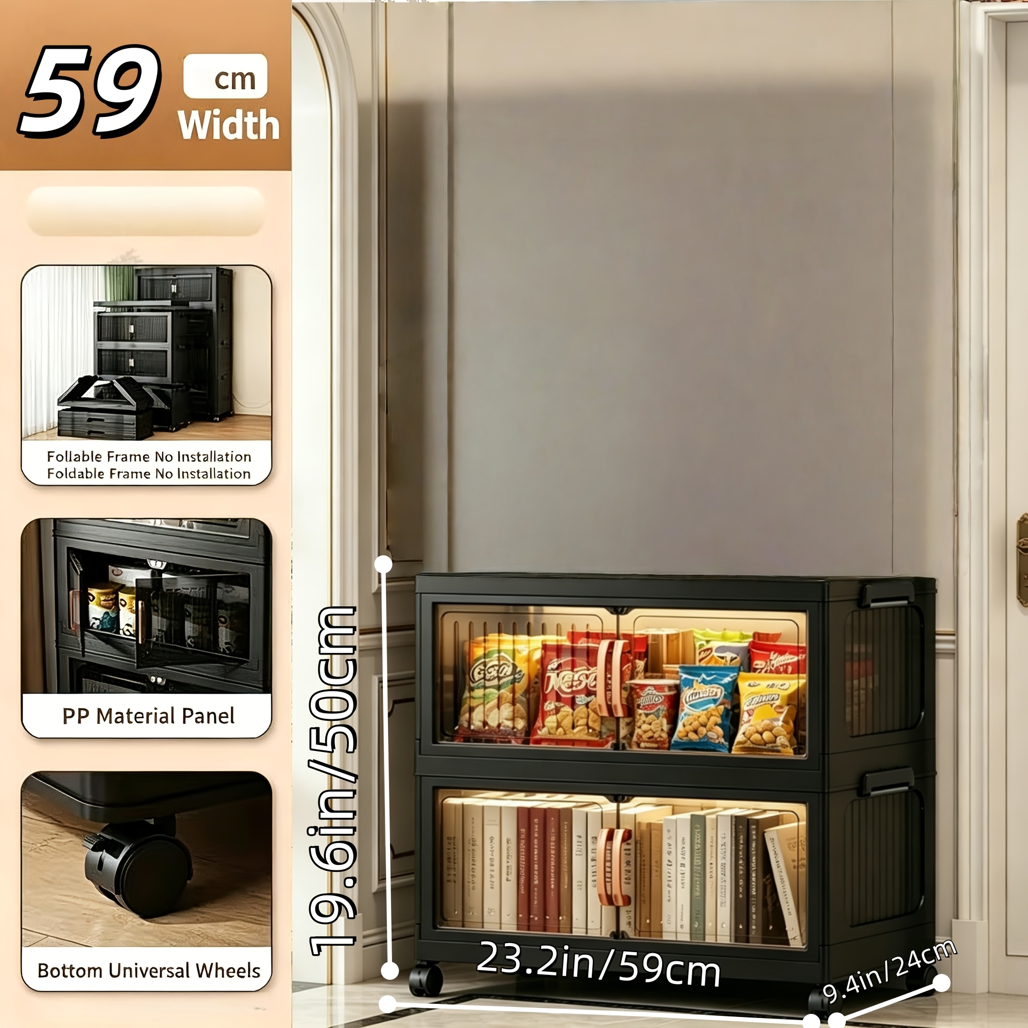 No Assembly 2/3/4/5 Tier Foldable Stackable Storage Cabinet, 44.29 Inch Large Capacity Modular Organizer Box with Lid, Rolling Wheels & Magnetic Double Door, Space Saving Portable Multi-Layer Storage Unit, Easy Setup Household Storage Container