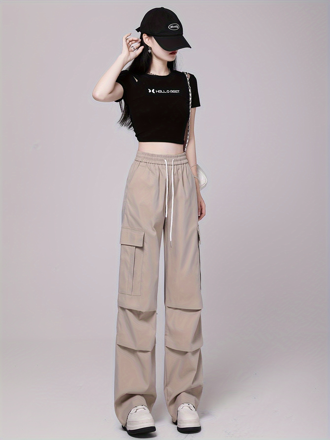 Flap Pockets Wide Leg Cargo Pants Y2k Drawstring Waist Loose - Temu