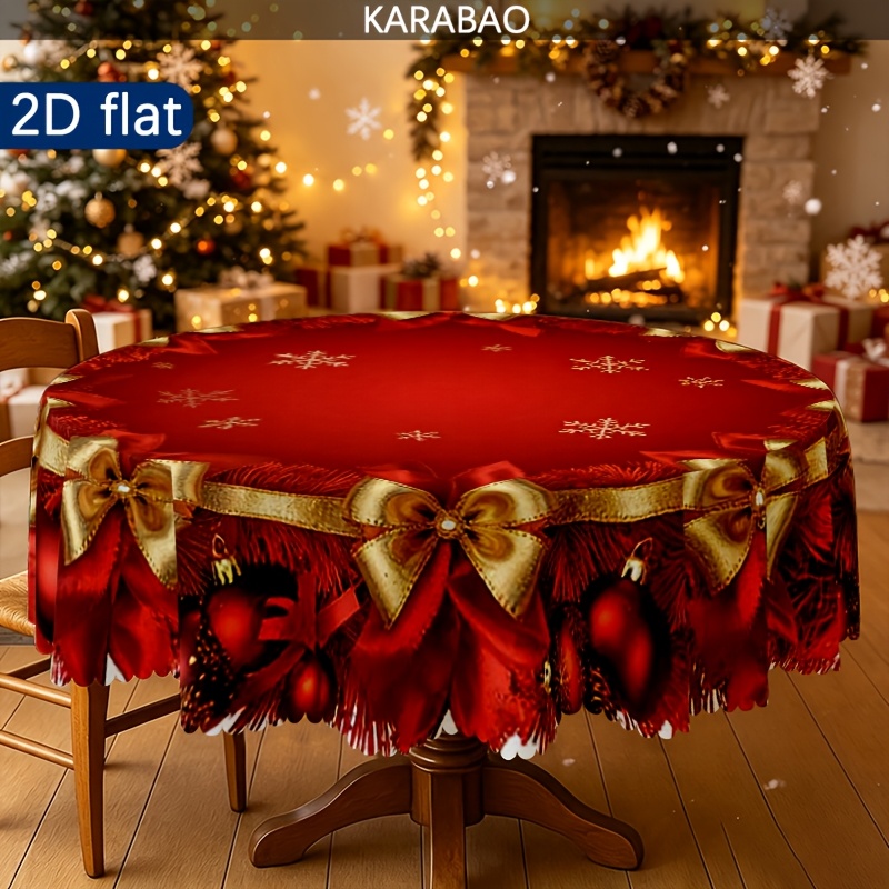 TEMU 1pc Wreath Embossed Tablecloth With And Snowflake Decorations, Festive Atmosphere Round Vintage Bohemian Floral Tablecloth For Indoor/outdoor