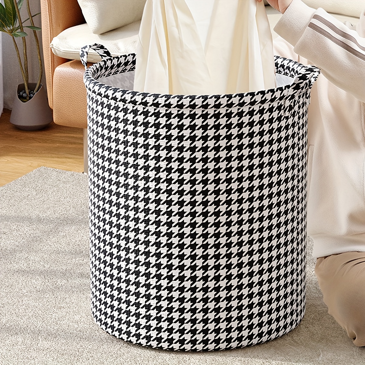 

1pc Classic Houndstooth Foldable Laundry Basket With Handles – Versatile Storage Organizer For Toys, Clothes, Sundries – Durable Accessory For Various Room Types