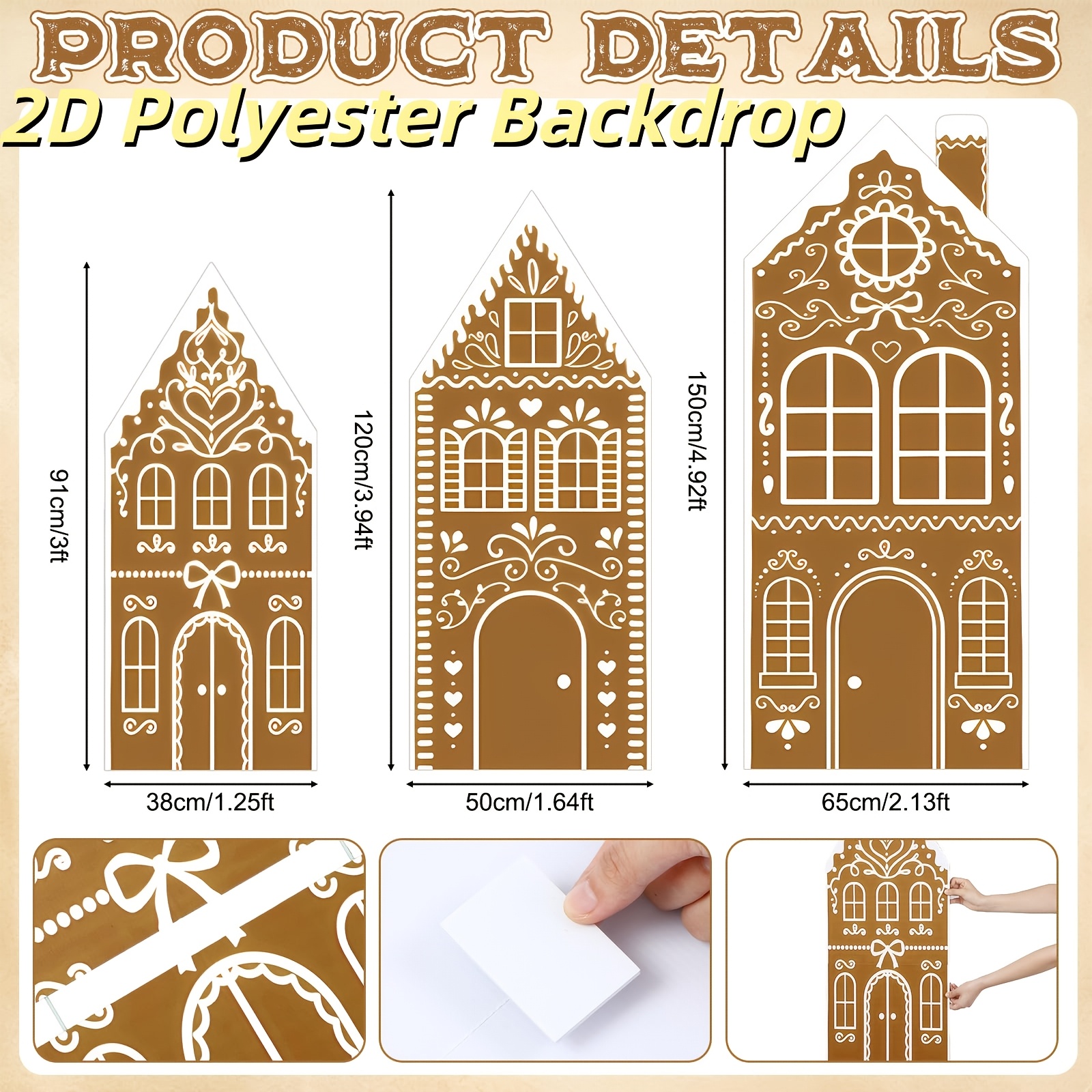 TEMU 2d Flat, Christmas Gingerbread House Backdrop 3pcs Set, 2d Gingerbread House Decor, Cute Design, Xmas Wall Photo Backdrop For Fireplace Mantel,