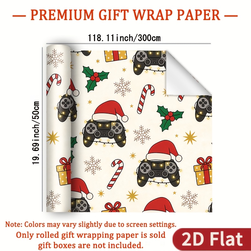TEMU 1 Suitable For Christmas Gifts & Gaming Wrapping Paper - Glossy Retro Video Game Controller With Santa Hats, Candy Canes, Holly & Snowflakes On