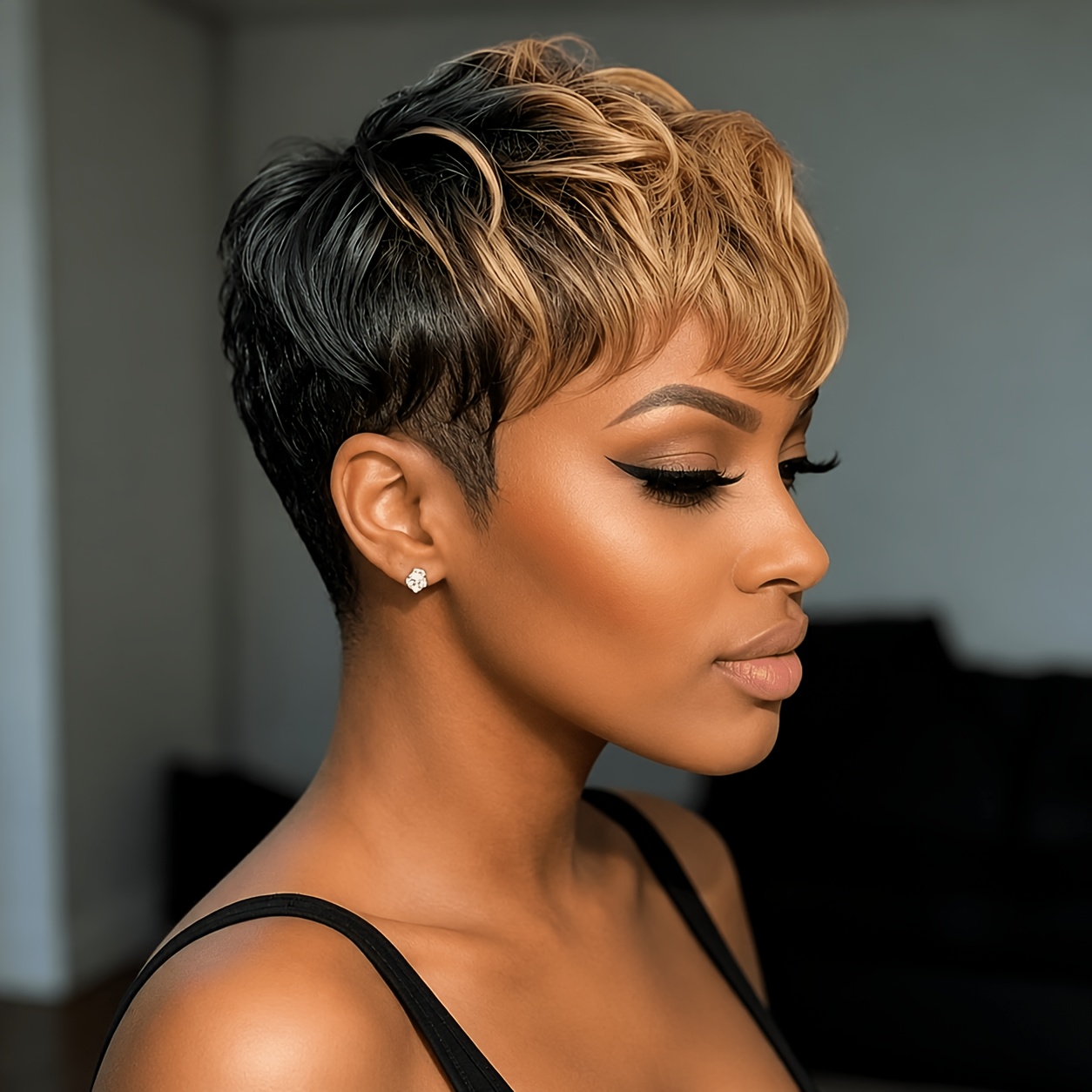 TEMU Perruque Peruvienne en Cheveux Humains pour Femmes Adaptée à Tous les Teintes de Peau - 1B/27# Blonde, Coupe Courte et Droite avec Frange,