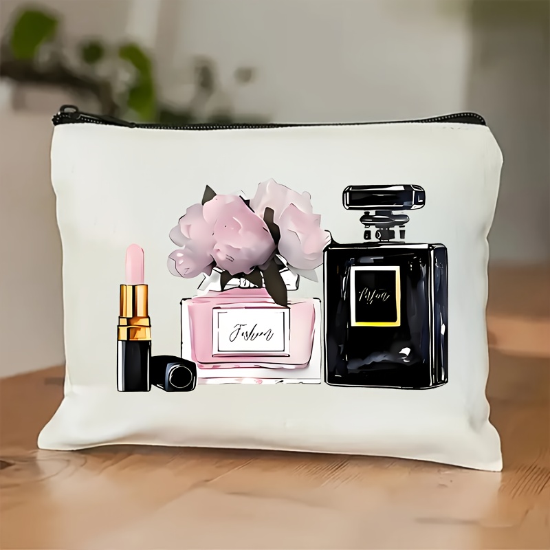 

High Heels And Perfume Prints, Portable Zip Cosmetic Storage Bag For Travel, Lightweight Toiletry Bag With Wrist Strap.