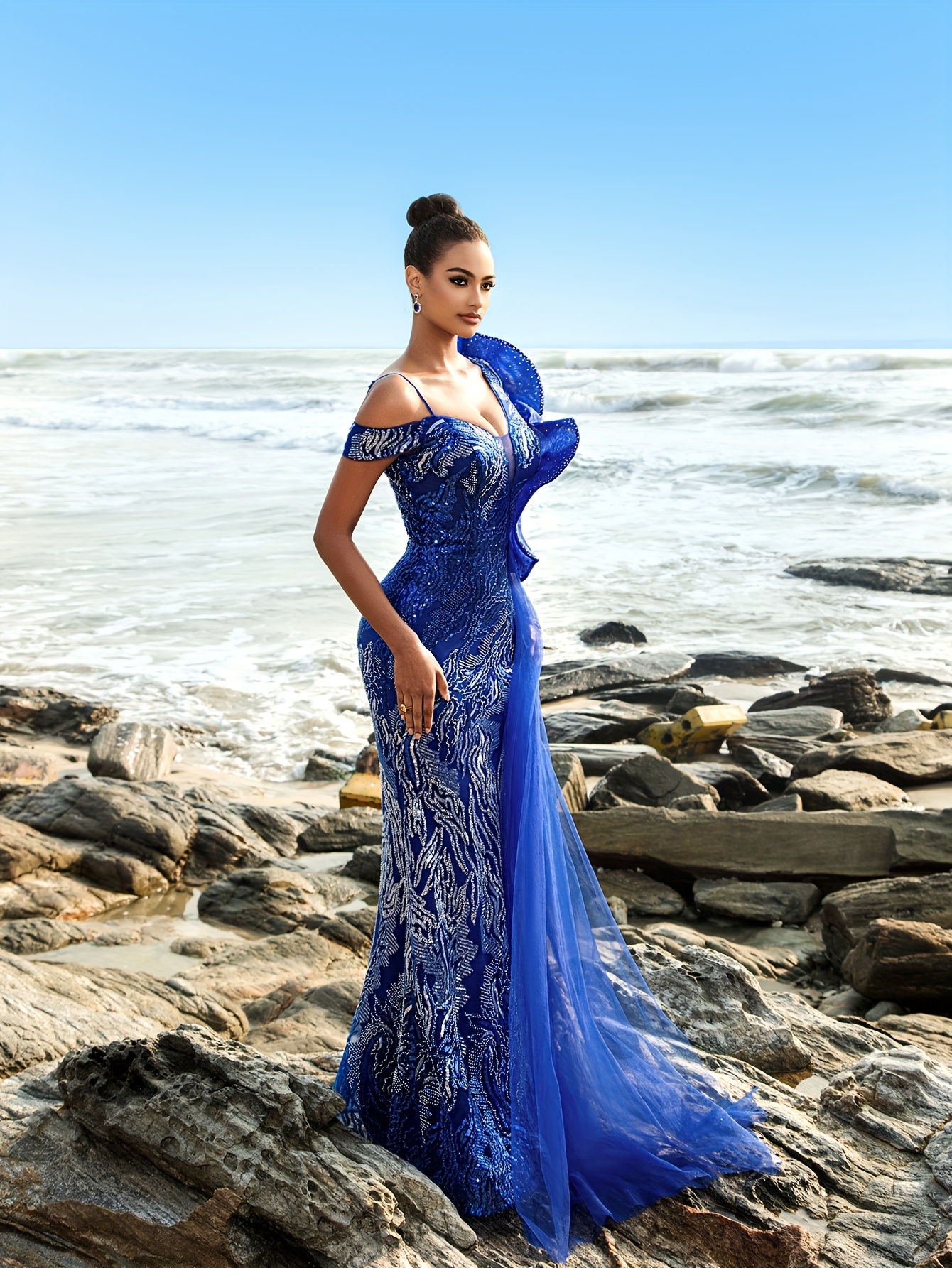 ariel costume blue dress Beautiful Royal Blue Sparkling Tulle A-line Satin Top Long Prom Dress, –  Simidress main image 1