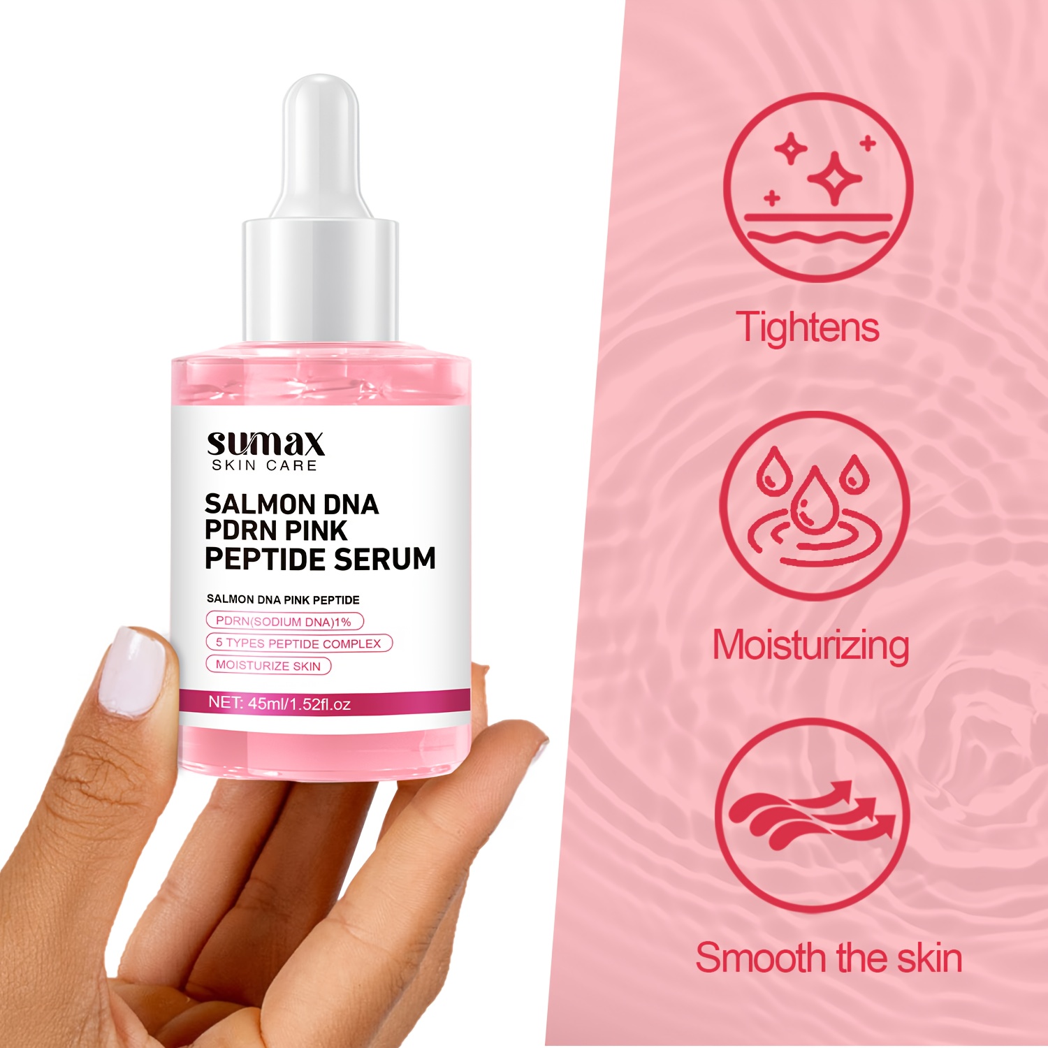 SUMAX Salmon Pink Peptide Skin Essence Is a Moisturizing Facial Essence with Salmon Oil And Various Peptide Molecules, Designed Specifically for Dry Skin During The Autumn And Winter Seasons, with a Volume of 1.52 Fl. Oz
