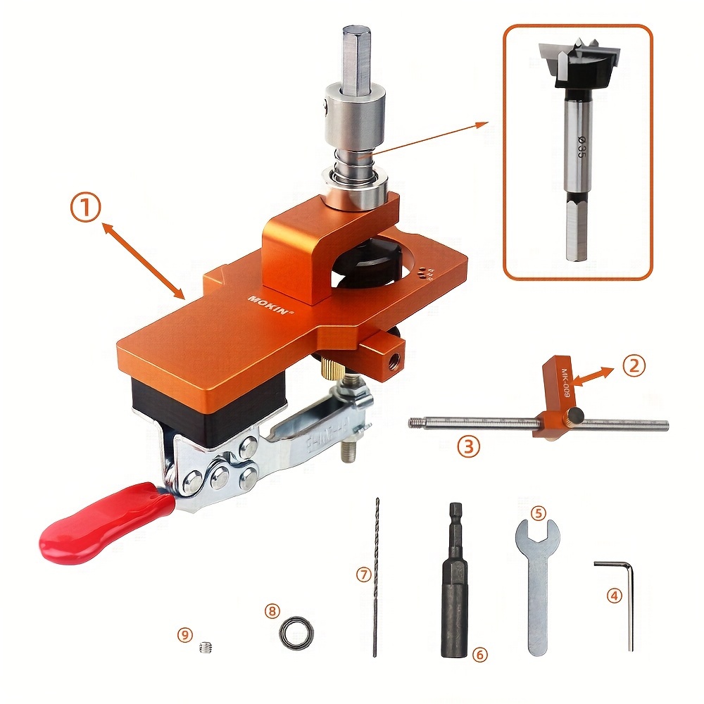 一套   隐形铰链定位器孔开孔器，木工柜门钻孔导向定位器，可调节多功能冲击工具套装，适用于木工、金属和铝制品，手动操作，无需电池 商品详情 9