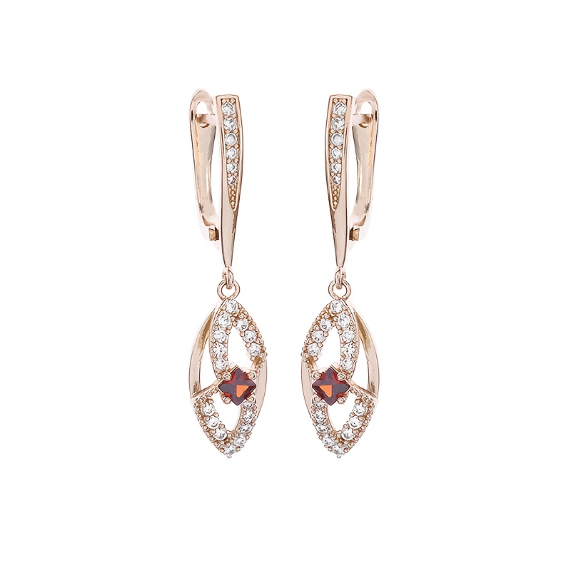 Women's Long Copper Earrings with Red Synthetic Zirconia