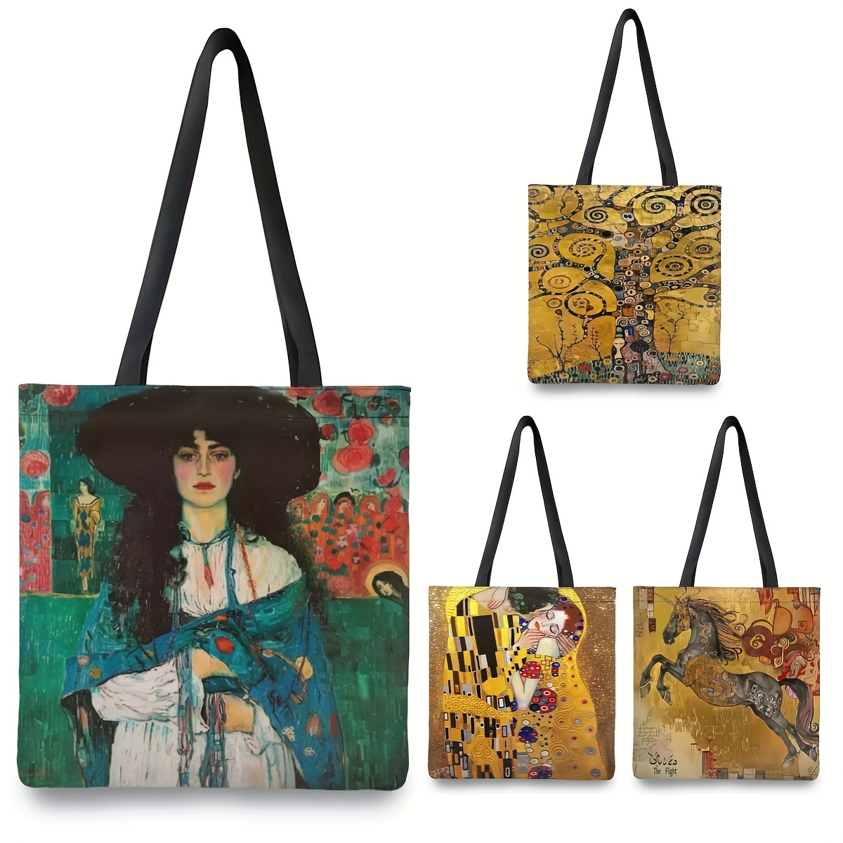 

Chic Golden Retro Oil Painting Tote Bag For Women - Lightweight, Shoulder Handbag With Fixed Strap, No-closure Design, 15.74x13.74 Inches