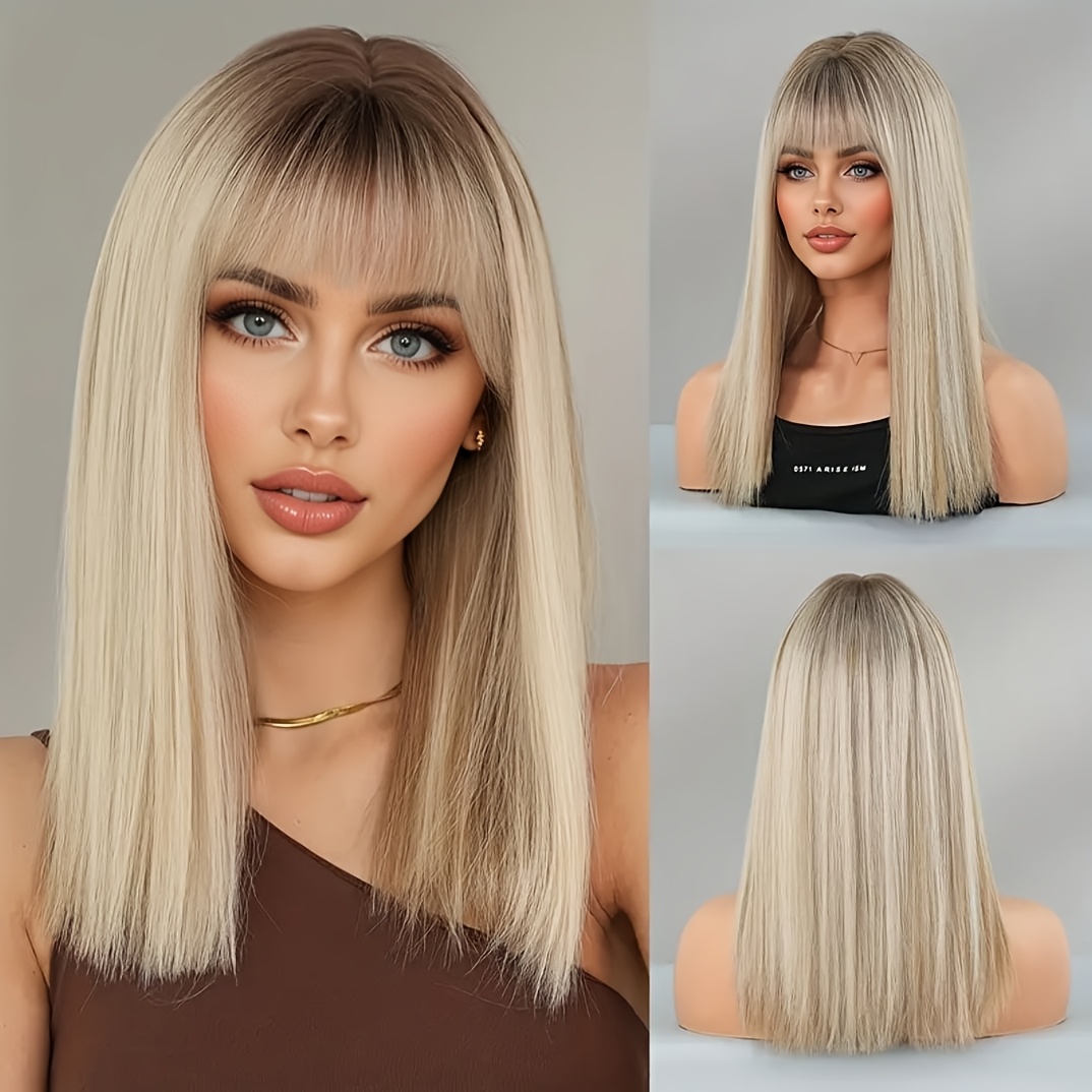 E-shop Elegante Sommer 18-Zoll Mittellange Farbverlauf Goldgrau Glattes Haar Perücke mit Pony, Strandurlaub Stil Anfängerfreundlich - Hochtemperatur