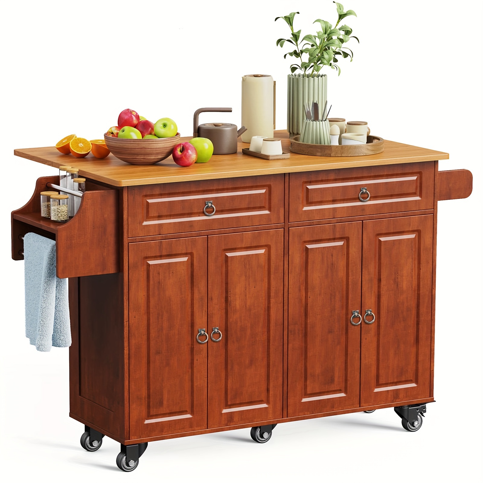 

Rolling Kitchen Island With Drop Leaf, Mobile Kitchen Carts On Wheels Island With Storage Cabinet, Island Table For Kitchen With Wooden Top And Rack And Drawer, Retro For Portable Bars