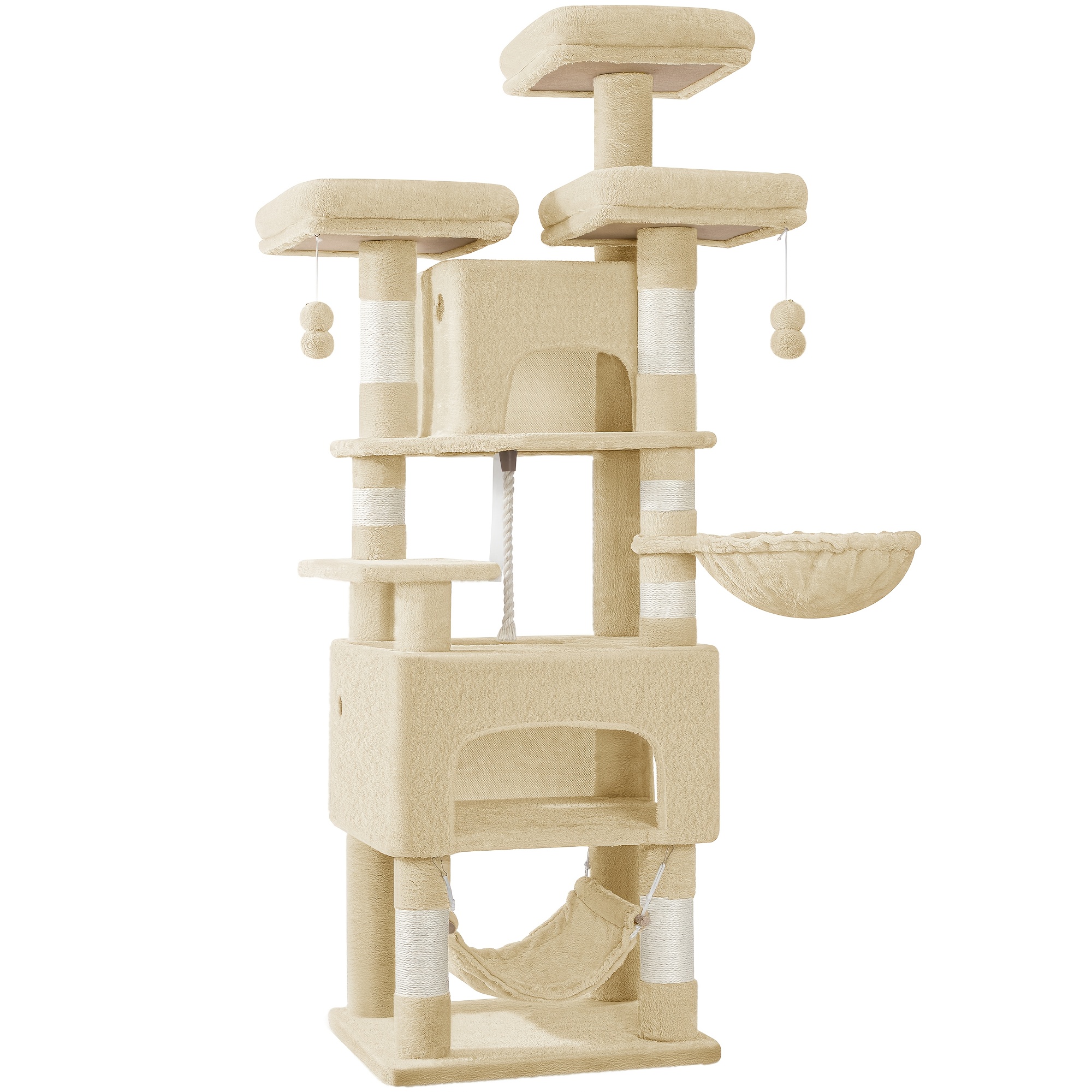 Cat Tree, 176cm Cat Tree, Xl, 3 Platforms, 2 Caves, 7 Scratching Posts, Hammock, Plush Balls, Cat Scratching Post For Multi-cat Households, Light Gray/dark Gray/beige