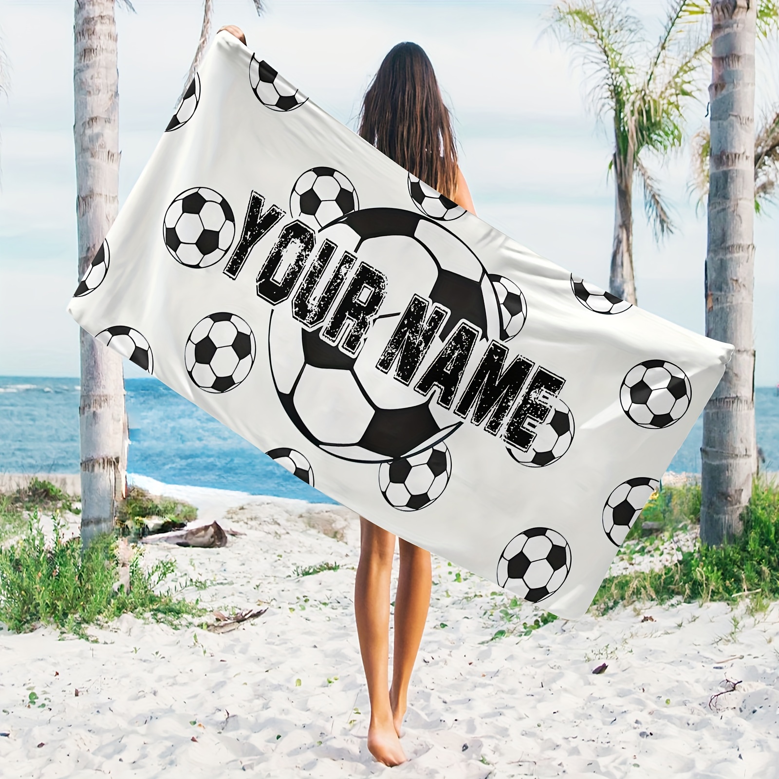 

1pc Name Customized Beach Towel, Football Pattern Personalized Beach Blanket, Super Absorbent & Quick-drying Swimming Towel, Suitable For Beach Swimming Outdoor Camping Travel, Ideal Beach Essentials