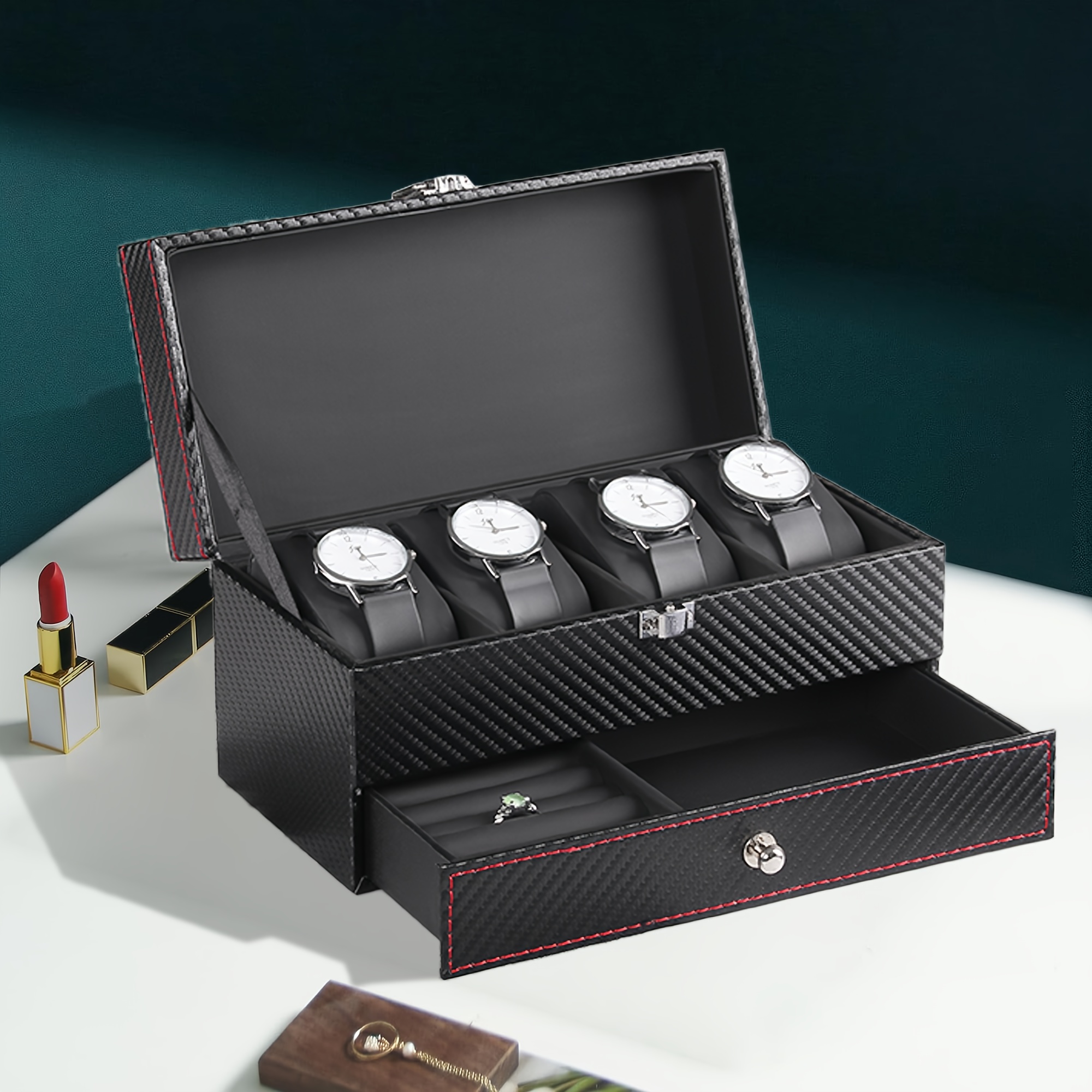 Una caja de exhibición de almacenamiento de joyas de doble capa hecha de fibra de carbono de 4 capas, con cajón de tela suave para almacenar relojes para hombres y mujeres, disponible en varias combinaciones de colores (PU interior negro, café + beige, negro + beige, negro + gris, blanco + blanco).